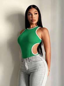 SHEIN SXY 女士夏季休闲性感黑白撞色连体衣，运动风上衣 - 綠色 - 查看 4