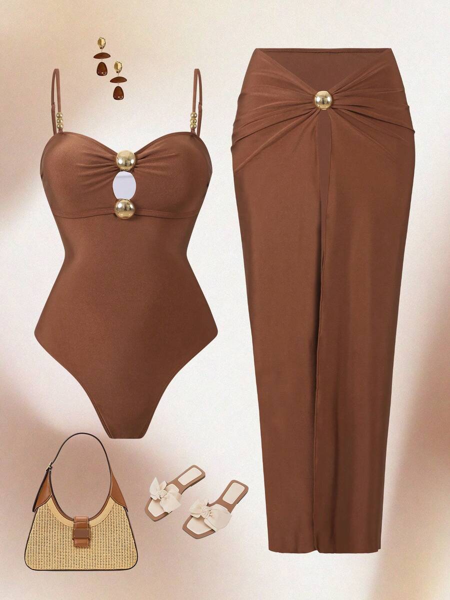 Swim Oasis Áo tắm liền thân gợi cảm, thanh lịch, khoét rỗng, đính kim loại dành cho nữ, kiểu dáng dự tiệc biển, nghỉ lễ, kèm áo khoác ngoài. - màu nâu - Xem 1