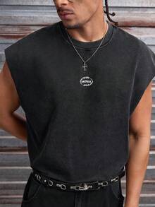 AXEPEAK 男士休闲宽松黑色雪花印花背心，夏季 - 黑色 - 查看 1