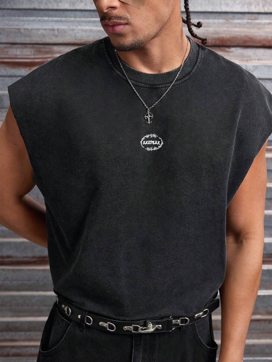 AXEPEAK 男士休闲宽松黑色雪花印花背心，夏季 - 黑色 - 查看 1