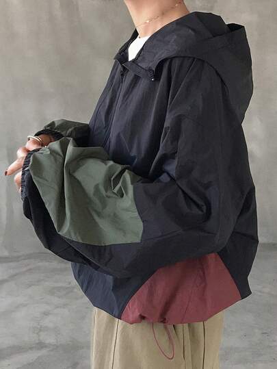 FRIFUL 女士撞色连帽拉链宽松休闲百搭外套