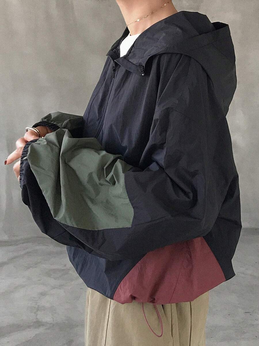FRIFUL Women's Contrast Color Hooded Zip-Up Loose Casual Versatile Jacket - Black - View 1
