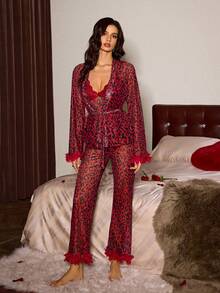 Slumberist 3pcs Sexy Red Leopard Print Lace-Up Robe, Mesh Camisole & Shorts Set - Red - View 3