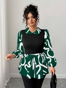 Elenzga Camisa Plus Size Casual para Uso Diário com Mangas Lanterna - Verde - Ver 4