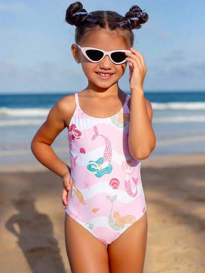 Traje de baño de una pieza con estampado de sirena de dibujos animados para niña, de moda y casual para vacaciones en la playa