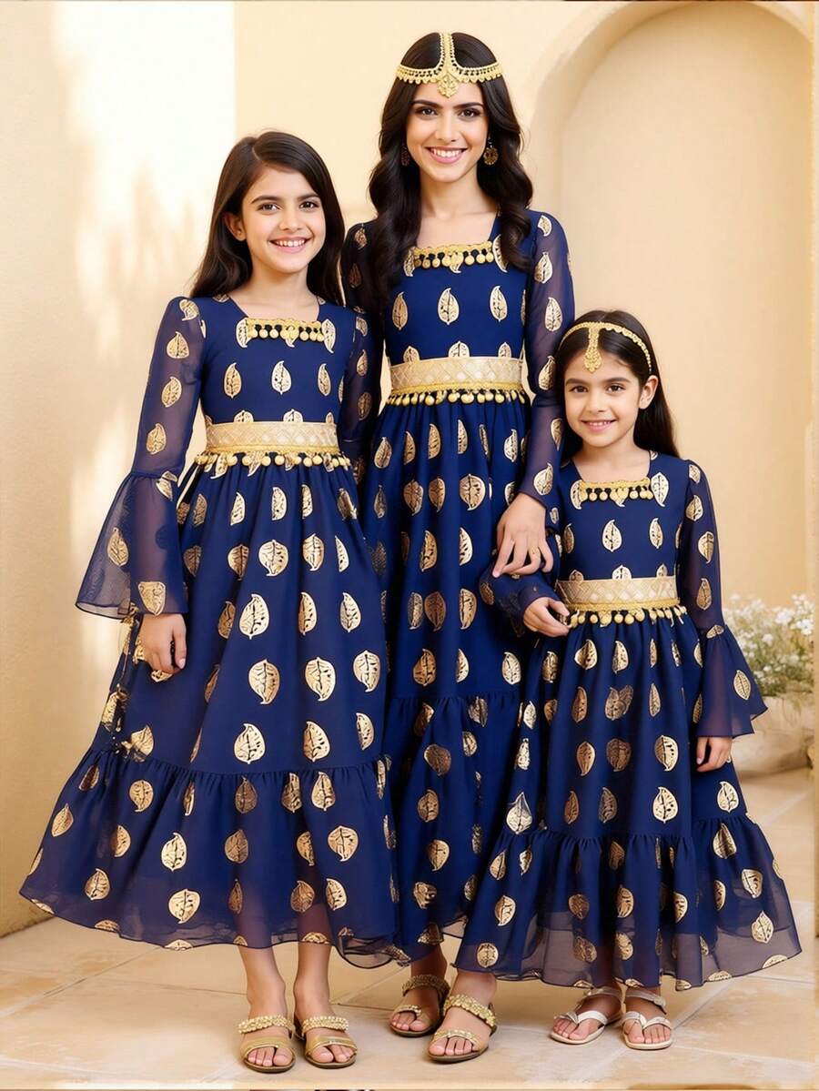 Girls' Long Foil Print Dress, Navy Blue, Spring/Summer - Navy Blue - View 1