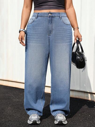 Jeanoix Plus Size Y2K Cowgirl Style Blue Non-Stretch Straight Leg Pants, Spring Outfits For Women