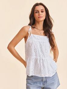 SHEIN VCAY Top de tirantes con bordado con ojal bajo con fruncido - Blanco - Ver 5