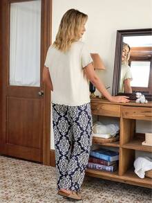 Doze Lane Women's Casual Floral Print Short Sleeve Pajama Set Summer Lounge Wear - Beige - View 2