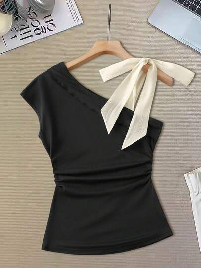 Resyla Women's Knitted Solid Color Woven Patchwork Oblique Shoulder Tie Cinched Waist Pleated Slim Fit Elegant T-Shirt, Spring/Summer