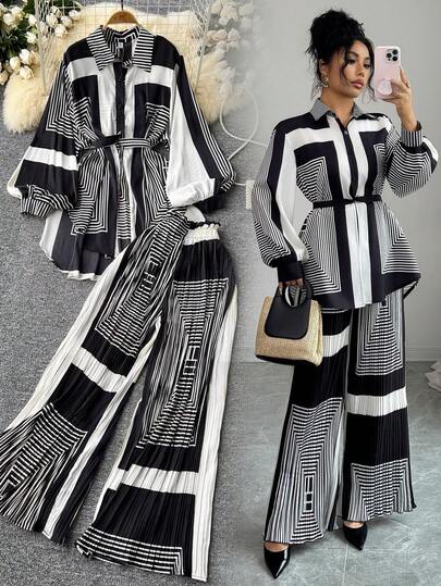 SHEIN Raffinéa Nuevo conjunto de diseño de nicho con estampado geométrico en blanco y negro: camisa de manga larga con cuello y cintura anudada con textura de caída elegante + pantalones anchos plisados, un conjunto de dos piezas que irradia elegancia sofisticada