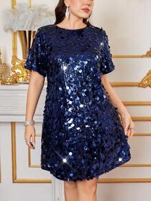 Ellevyn 大码女式彩色亮片派对连衣裙，直筒短袖迷你连衣裙 - 藍色 - 查看 8
