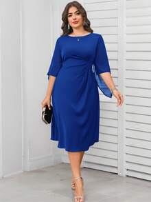 Reflora Vestido de línea A con cintura ceñida, mangas con volantes y unicolor elegante para mujer de talla grande - azul real - Ver 2