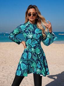 Swim Mulvari Women's New Long Sleeve Tropical Leaf Print Twist Side Dress And Solid Color Pants Swimsuit Burkini Set, Suitable For Vacation - Blue - View 5