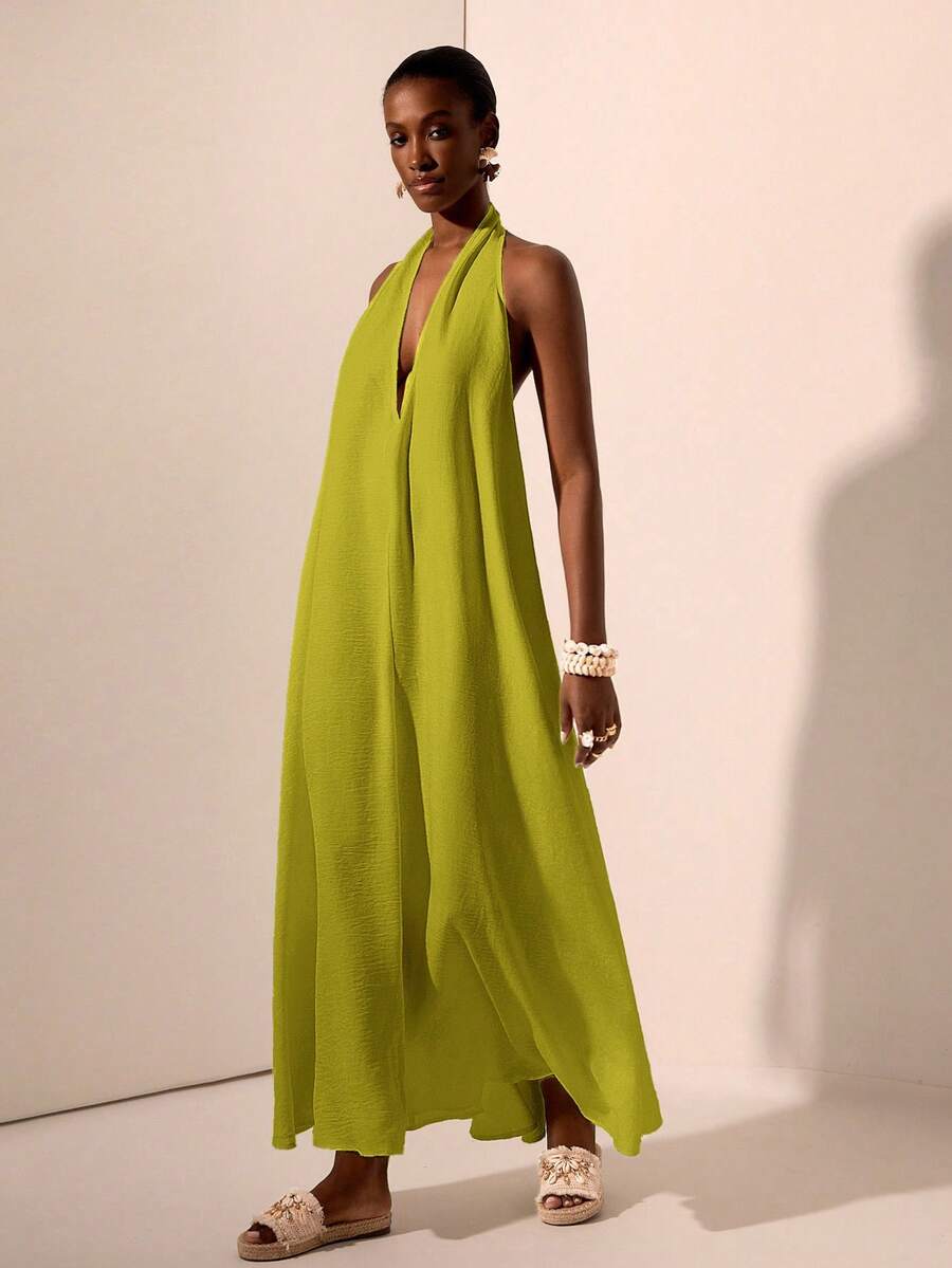 Zivah 2025春夏新款音乐节、复活节、圣帕特里克节、西部风、游牧风、生日派对、毕业典礼、大学、学生、日常休闲、百搭、休闲、度假、邮轮、海滩、日光浴、热门单品、街头服饰、婚礼宾客波西米亚风、通勤、早午餐、机场、白色纹理露背系带深V连衣裙、露背连衣裙