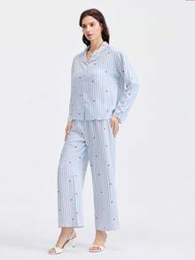 Loungeista 2pcs Women Loose Comfortable Breathable Long Sleeve Top And Long Pants Pajama Set, Cute Home Wear, Fall & Winter Clothes - Blue - View 5
