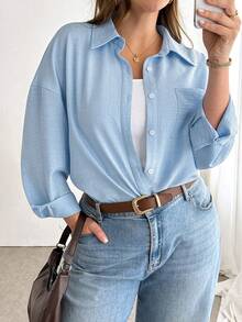 Shapeblank Plus-Size Women's Spring/Summer Fashion Casual Loose Comfortable Everyday Basic Versatile Light Blue Button Long-Sleeved Shirt,Spring Clothes,Oversize Tops,Women Blouse,Simple Style Baby Blue Shirt Light Blue Shirt Oversized Shirt - Blue - View 5