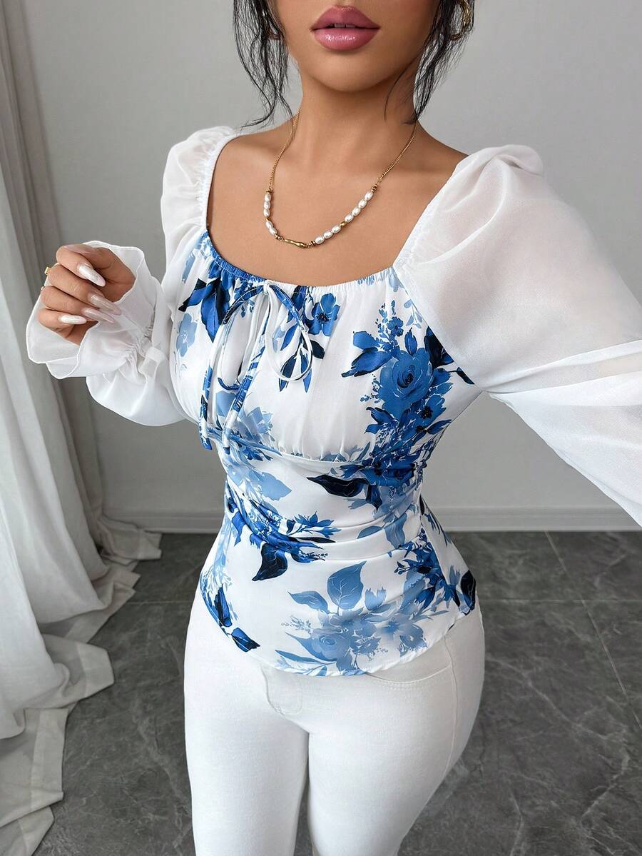 Selianne 女士休闲优雅性感印花方领喇叭袖短款上衣 - 白色 - 查看 1