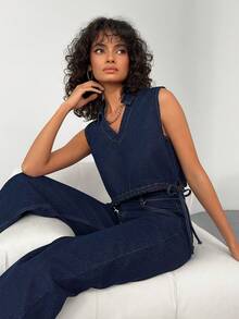 SHEIN 100%Cotton Women's Raw Wash Top & Pants Two Pieces Outfit - Dark Wash - View 5