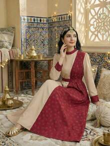 1pc Traditional Arab Abaya Dress, Teen GirlMandarin Collar Long Sleeve Khaki Patchwork Rose Print Cinched Waist Dress, Spring/Autumn - Khaki - View 8