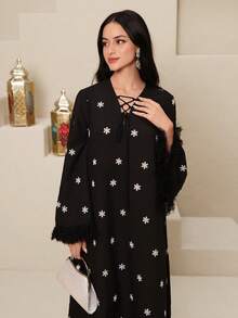 Al Najma Đầm nữ in hoa tay tua rua kiểu Ả Rập thanh lịch - màu đen - Xem 3