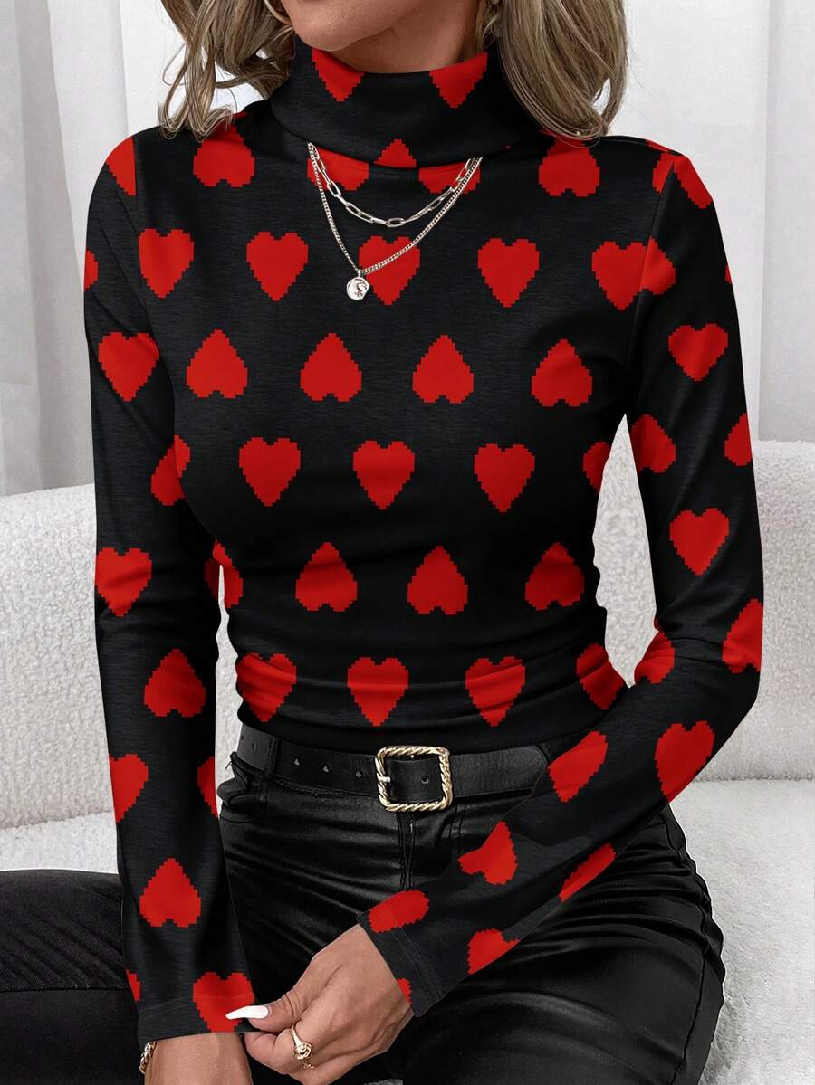 SHEIN Clasi 女士休闲简约爱心印花高领打底衫 - 彩色 - 查看 1