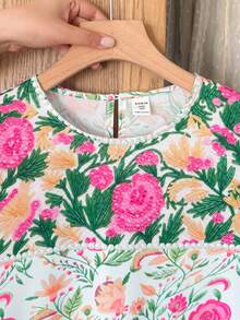 SHEIN 少女优雅碎花直筒梭织连衣裙 - 綠色 - 查看 5