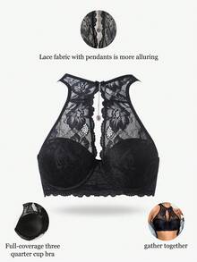 DesireSculpt 1pc Women's Underwear Black Lace Sexy Racerback Bra With Underwire - Black - View 3