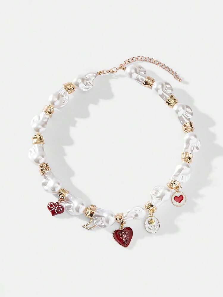 SHEIN Maija Minimalist Fashion Niche Design Pearly Zinc Alloy Enamel Heart Geometric Pendant Casual Necklace