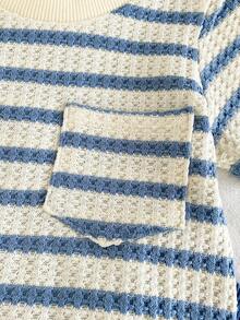 SHEIN Vintaside Kids 2pcs Toddler Infant Baby Boys Fashion Black & White Striped Waffle Knit Fabric Pocket Round Neck Short Sleeve T-Shirt And Black Elastic Waist Letter Patch Shorts Set, Summer - Blue - View 9