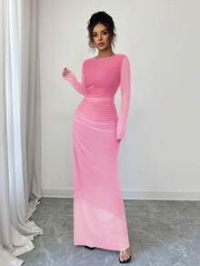 Rafferiza Women's Sheer Mesh Long Sleeve Ombre Ruched Bodycon Dress, Casual Daily Beachwear, Lounge, Office, Dress - Baby Pink - View 3
