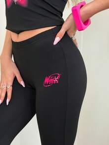 The Winx X SHEIN Women's Summer Fashion Letter Print Capri Leggings - Black - View 4