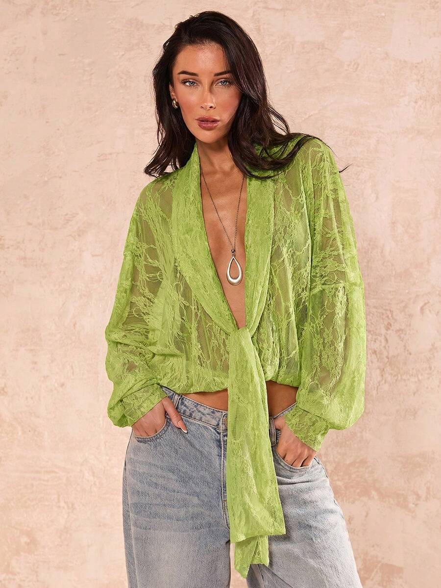 SHEIN Glamour Áo kiểu nữ tay dài ren xuyên thấu màu xanh lá chanh, áo kiểu buộc dây phía trước, kiểu dáng thường ngày cho kỳ nghỉ năm 2026.