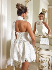 Glamine Charm 优雅蕾丝拼接荷叶边下摆女式连衣裙 - 白色 - 查看 2