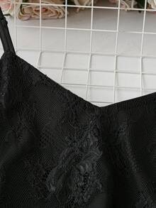 SHEIN LUNE Áo camisole nữ màu trơn, chất liệu ren, dáng regular fit, thanh lịch, cơ bản mặc hàng ngày. - màu đen - Xem 4