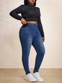 Truni Jeans skinny pour femmes grande taille, jeans bleu foncé stretch, bas pour sortir, collants pour femmes, pantalons en jean pour femmes, pantalons d'automne, pantalons en denim, tenue de retour au foyer d'automne - Jean brut - Voir 4
