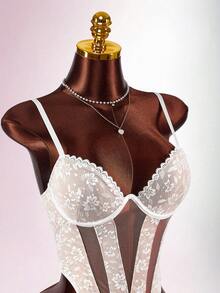 Amplova Elegant White Semi Sheer Cami Bodysuit With Intricate Lace Details - White - View 5