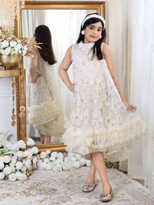 SHEIN 时尚优雅的少女亮片网纱无袖连衣裙 - 杏色 - 查看 4