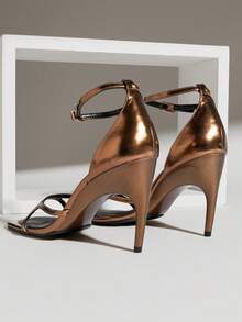 SHUZIA 女士优雅简约金属PU圆头踝带细高跟凉鞋 - 玫瑰金 - 查看 5