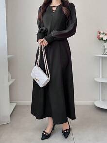 FRIFUL Đầm nữ màu trơn cổ khoét, tay voan mỏng, eo thon, dáng xòe, kiểu dáng thường ngày và đa năng. - màu đen - Xem 3