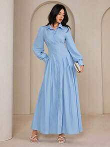 Graceveil Women's Fashionable, Modest, Elegant Solid Color Extra Long Shirt Dress - Blue - View 5