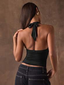 SHEIN BAE Women's Solid Color Halter Neck Sleeveless Backless Fitted Camisole - Black - View 2