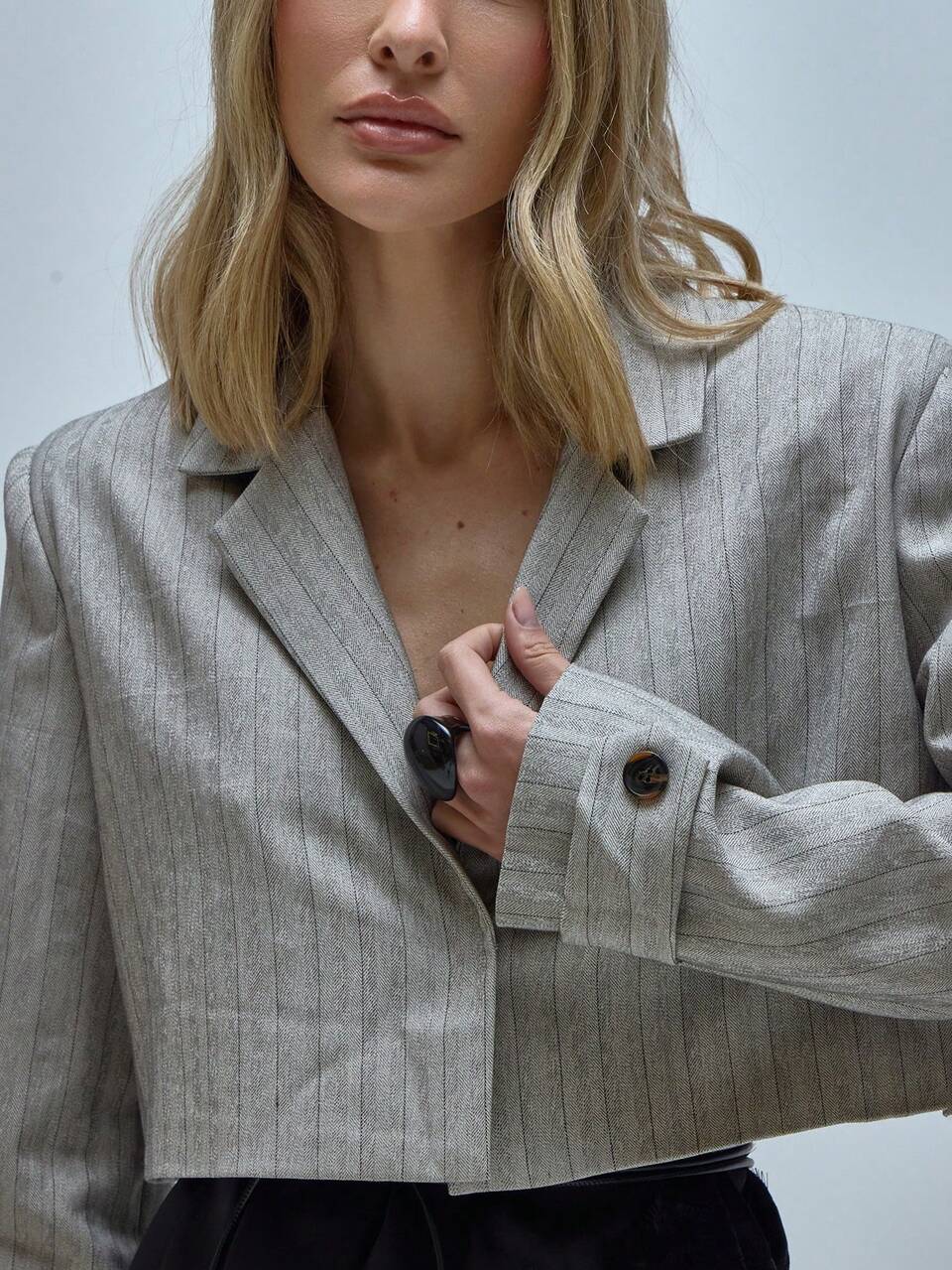 Blazer Coord Cropped com Ombros Almofadados, Listras Largas, Plissado nas Costas, Somente Parte de Cima, Escritório, Dia a Dia, Trabalho, Fofo, Estilo Menina Legal, Alfaiataria, Primavera