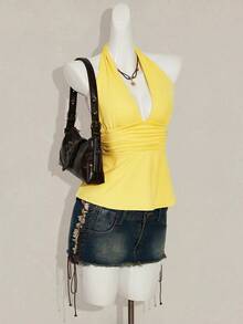 SHEIN ICON Halloween Women's Halter Backless Black Babydoll Tank Top - Yellow - View 6