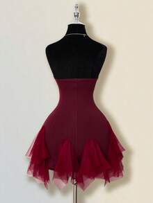 SHEIN ICON Vestido mini de mujer con parches de malla blanca y ballenas - Burdeos - Ver 3