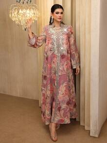 Al Najma 春夏喇叭袖立领串珠花卉饰边阿拉伯长裙 - 粉色 - 查看 6