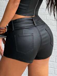 Jeanoix Y2K Fashion Casual Sexy Waist Belt Low Waist Coated Shorts - Black - View 2
