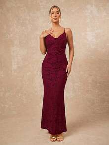 Lumalex 女士优雅提花鱼尾修身连衣裙，度假风，夏季 - 紅木色 - 查看 8