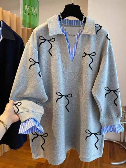Resyla Plus Size Women's Casual Everyday Commute Fashion Street Bow Print Drop Shoulder Loose 2 In 1 Sweatshirt, Spring/Autumn