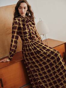 都市时尚不对称格纹印花长袖蝴蝶结腰身连衣裙（女款） - 彩色 - 查看 2